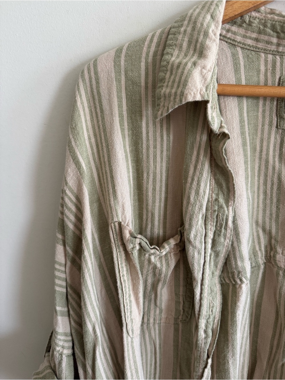 American eagle linen green beige stripe oversized tunic button down top size XL - Picture 2 of 5